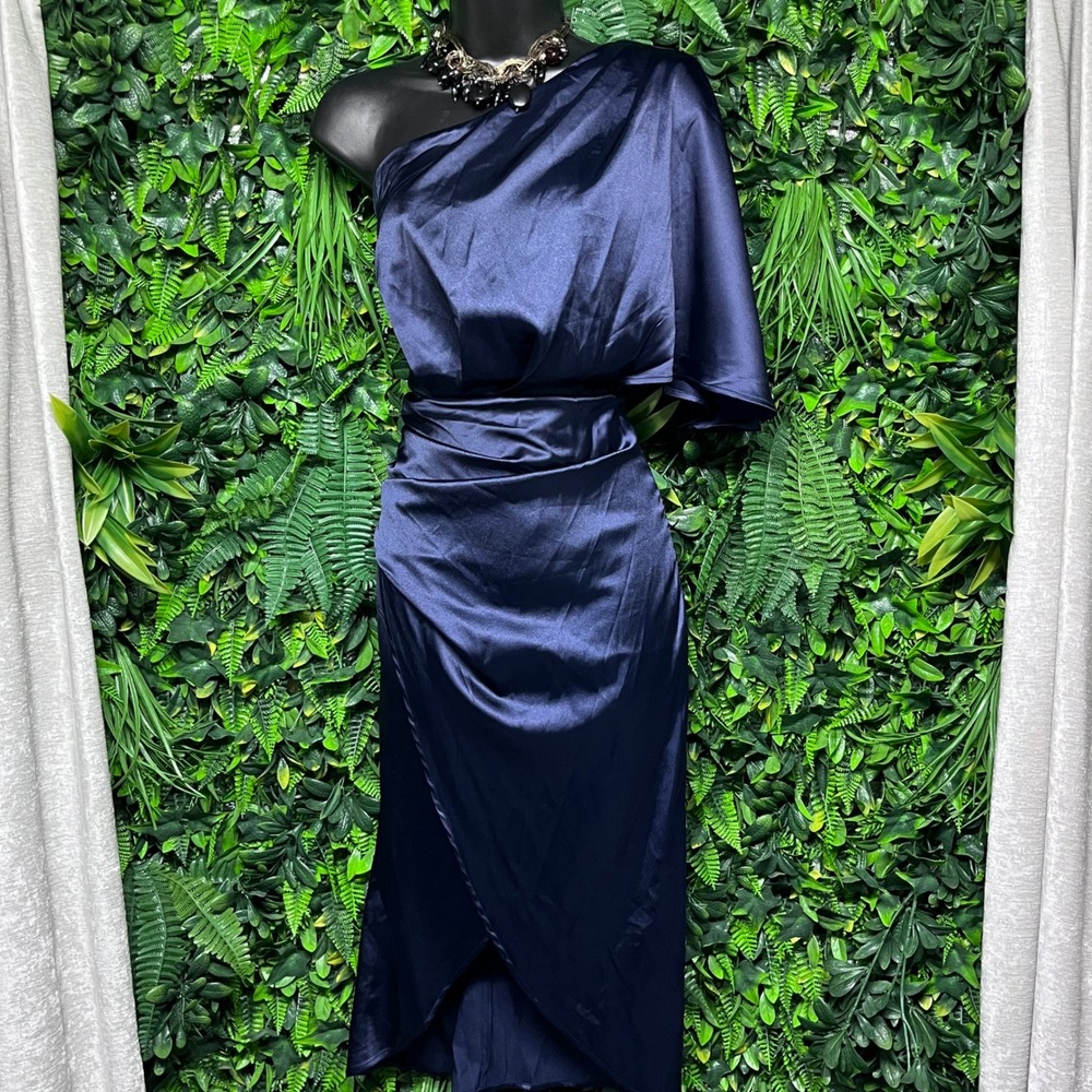 CUPSHE Dress Medium Navy Blue One Shoulder Ruched Midi Cocktail Party 3302‎ - Picture 2 of 11